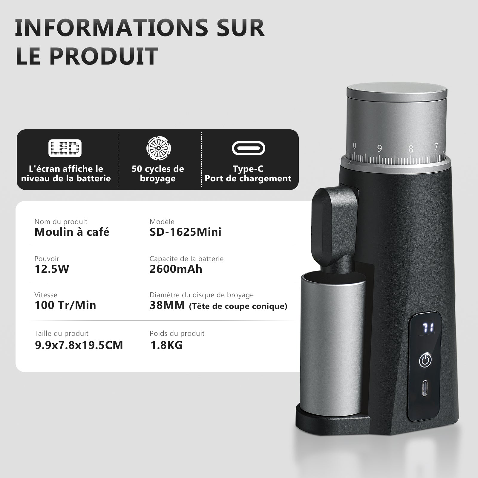 STARSEEKER EDGEmini Moulin à café électrique portable à meules coniques pour espresso et café filtre