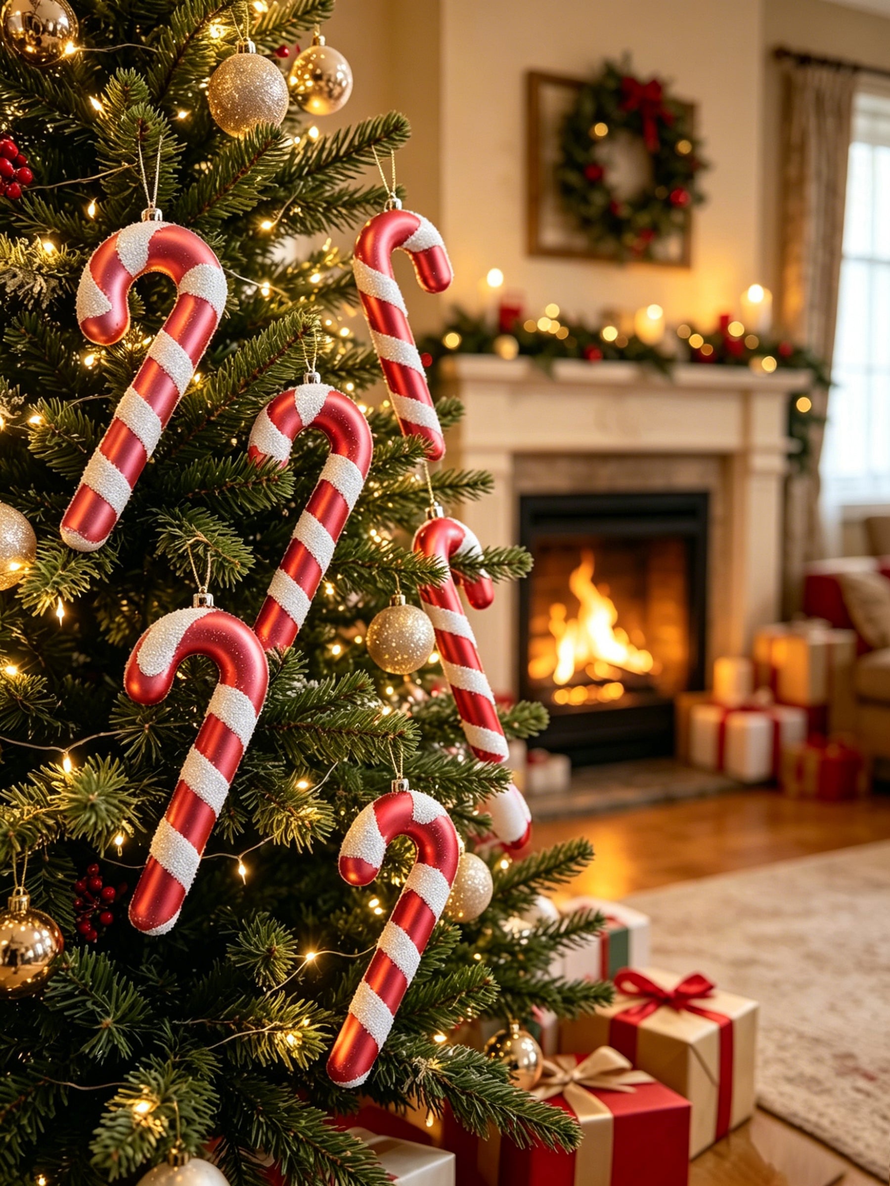 Ju7cer Lot de 6 pendentifs de sapin de Noël en rotin, pour décorer les sapins de Noël, convient pour les mariages, Pâques, anniversaires, vacances, Noël, décoration intérieure, rouge et blanc
