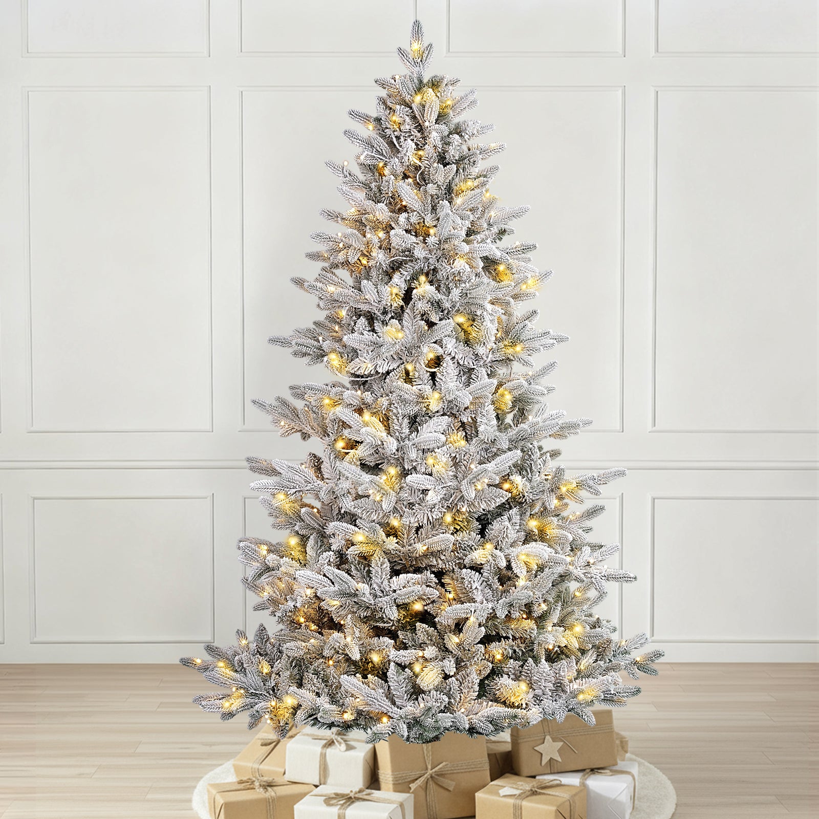 SALCAR Sapin de noël enneigé avec 1230 branches et éclairage 300 LED blanc chaud - 180 cm