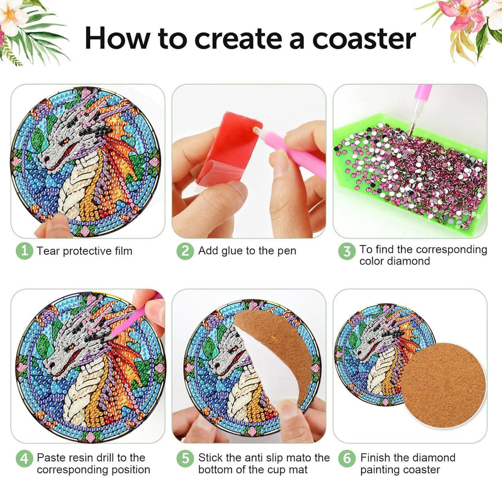 Ju7cer Ensemble de 8 sous-verres de peinture diamant avec support - Dragon arbre de la vie DIY | Débutant adulte artisanat de perçage rond complet 4×4 pouces (10×10 cm)