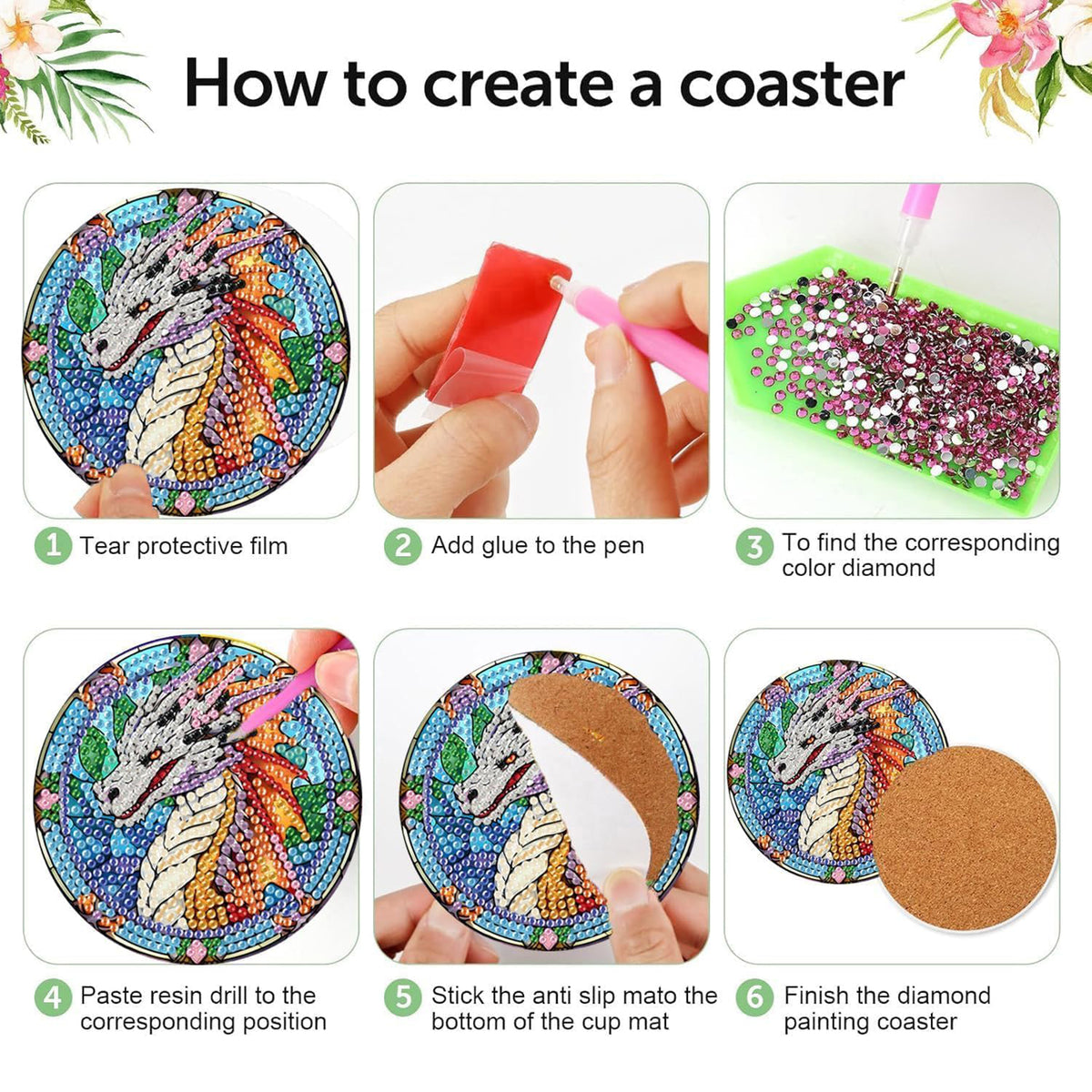 Ju7cer Ensemble de 8 sous-verres de peinture diamant avec support - Dragon arbre de la vie DIY | Débutant adulte artisanat de perçage rond complet 4×4 pouces (10×10 cm)