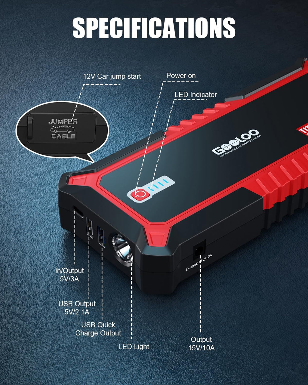 Démarreur de voiture GOOLOO, boosteur de batterie de voiture 3000A de pointe, boîte de démarrage 12V pour batterie de voiture jusqu'à 9L d'essence ou 7L de diesel, boosteur de batterie avec batterie externe / charge rapide / lumière LED