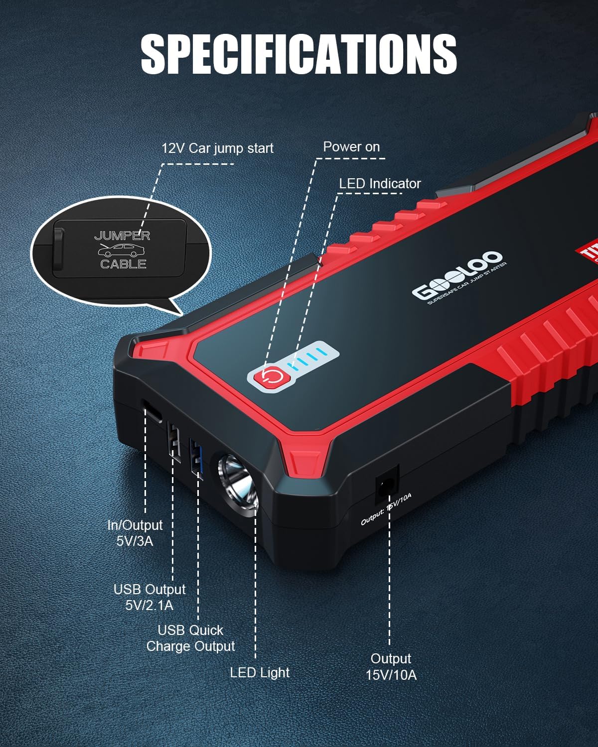Démarreur de voiture GOOLOO, boosteur de batterie de voiture 3000A de pointe, boîte de démarrage 12V pour batterie de voiture jusqu'à 9L d'essence ou 7L de diesel, boosteur de batterie avec batterie externe / charge rapide / lumière LED