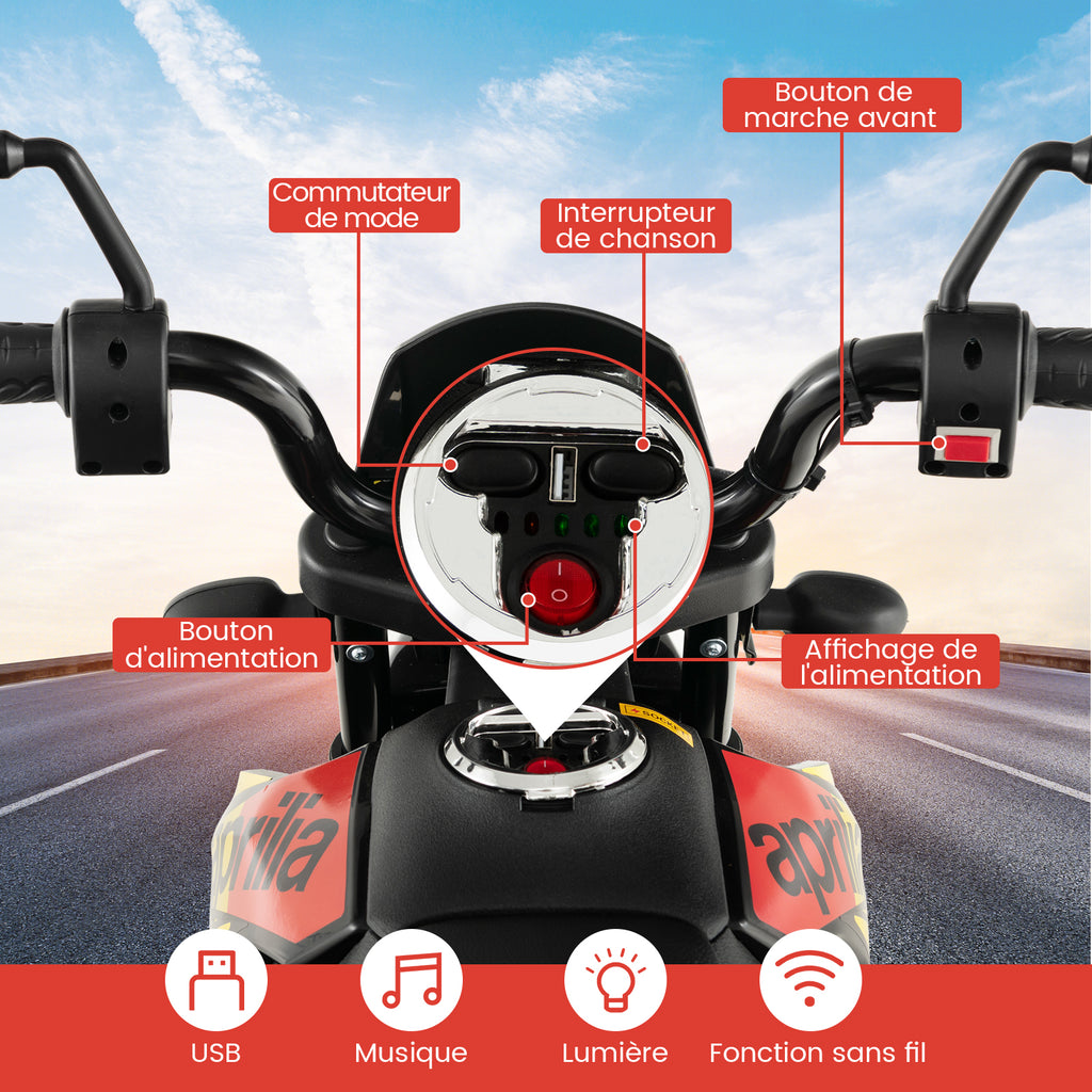Moto électrique pour enfants 12 V avec roues d'apprentissage, modèle sous licence Aprilia, noir
