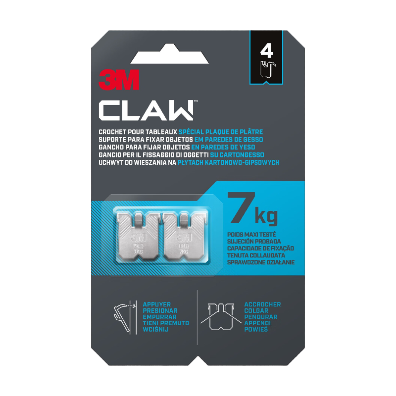 3M™ CLAW Lot de 4 crochets pour tableaux spécial plaque de plâtre, 7 kg