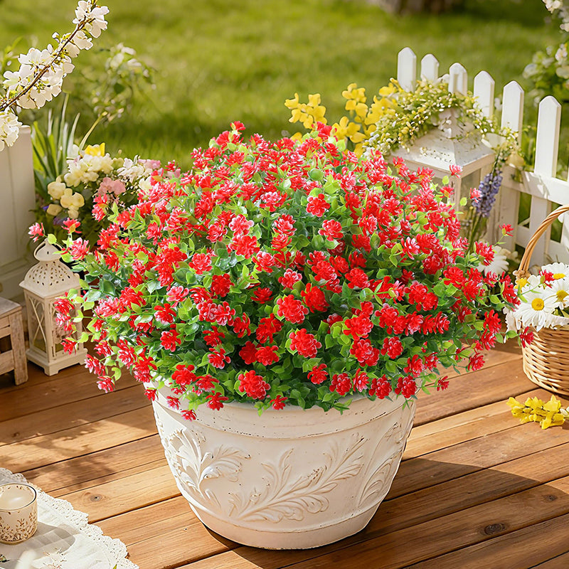 8 Pièces 13,8 in / 35 cm Fleurs Artificielles Ne Fanent Pas Buis Faux Plantes en Plastique pour Jardin Terrasse Porche Fenêtre Boîte de Fenêtre Maison Mariage Décoration Maison de Campagne (Rouge)