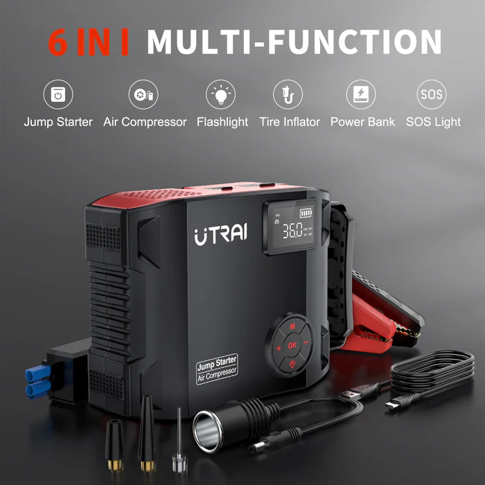 UTRAI JS5 6000A Booster de démarrage pour voiture avec compresseur d'air (150PSI), Booster 12V pour tous les véhicules essence et diesel jusqu'à 10L, Sortie DC 160W/1600lm