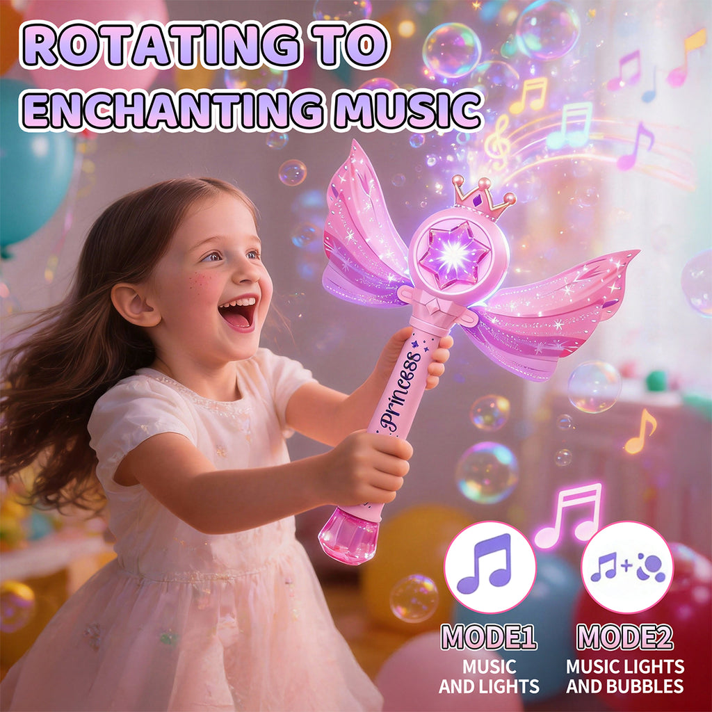 Jouet machine à bulles baguette magique de princesse, Baguette souffleur de bulles automatique avec lumière LED musique et couronne à ailes, Cadeau de jouet fabricant de bulles fée rose pour filles et enfants fête en plein air
