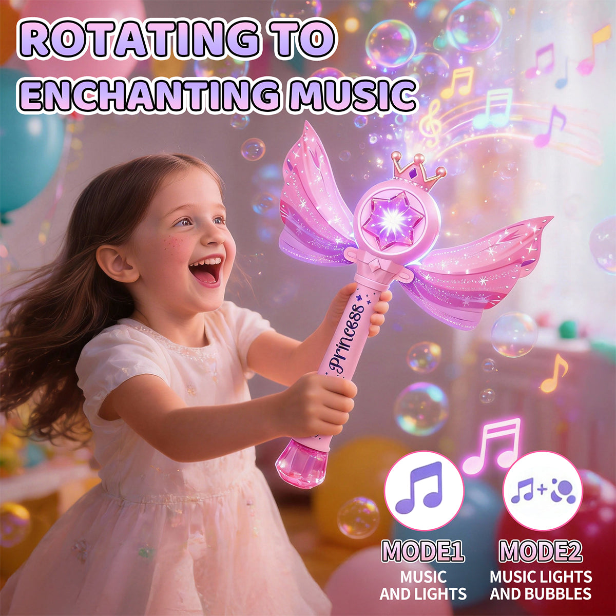Jouet machine à bulles baguette magique de princesse, Baguette souffleur de bulles automatique avec lumière LED musique et couronne à ailes, Cadeau de jouet fabricant de bulles fée rose pour filles et enfants fête en plein air