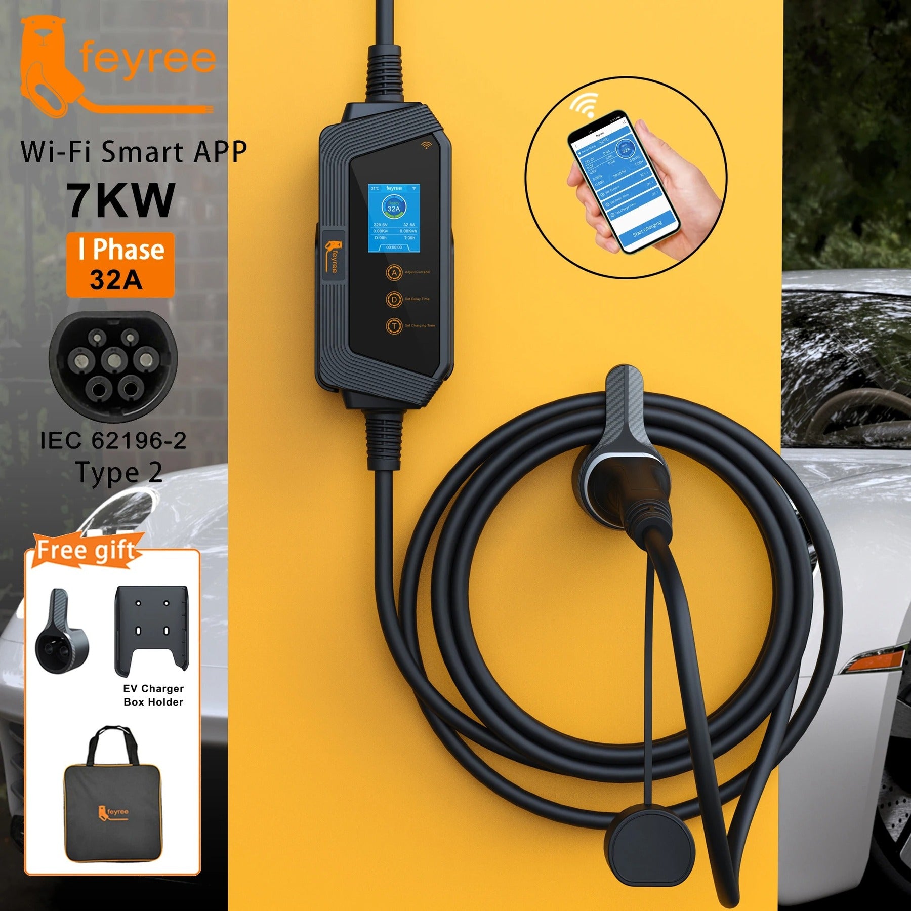 Feyree Chargeur pour véhicule électrique Type 2 32 A 7 kW, charge rapide, contrôle intelligent par application et Wi-Fi, boîtier de charge portable avec support pour chargeur de voiture électrique