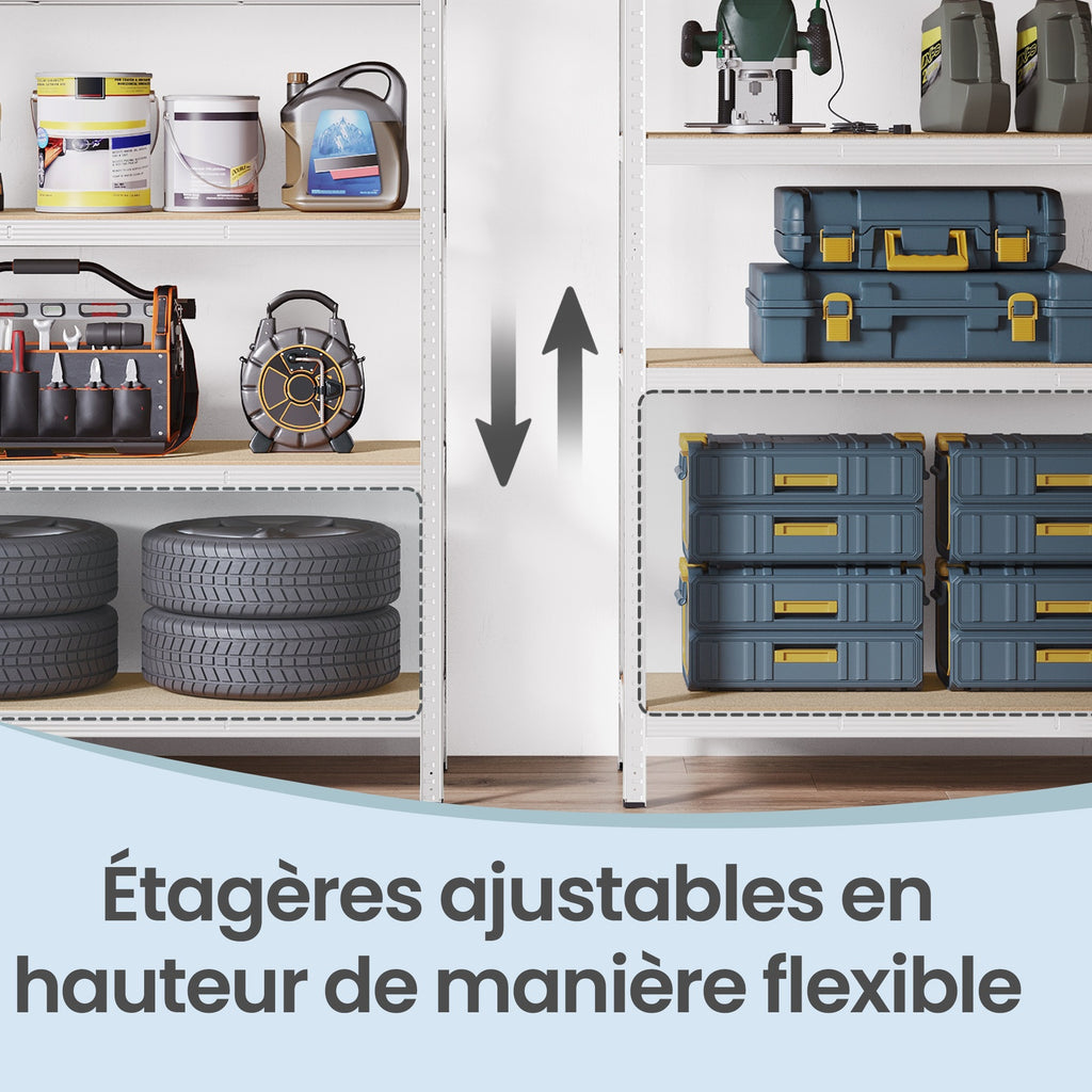 JOYFURNOS Étagère 5 niveaux, Unité de rangement en acier pour garage, abri, Capacité de charge 750 kg, Argenté