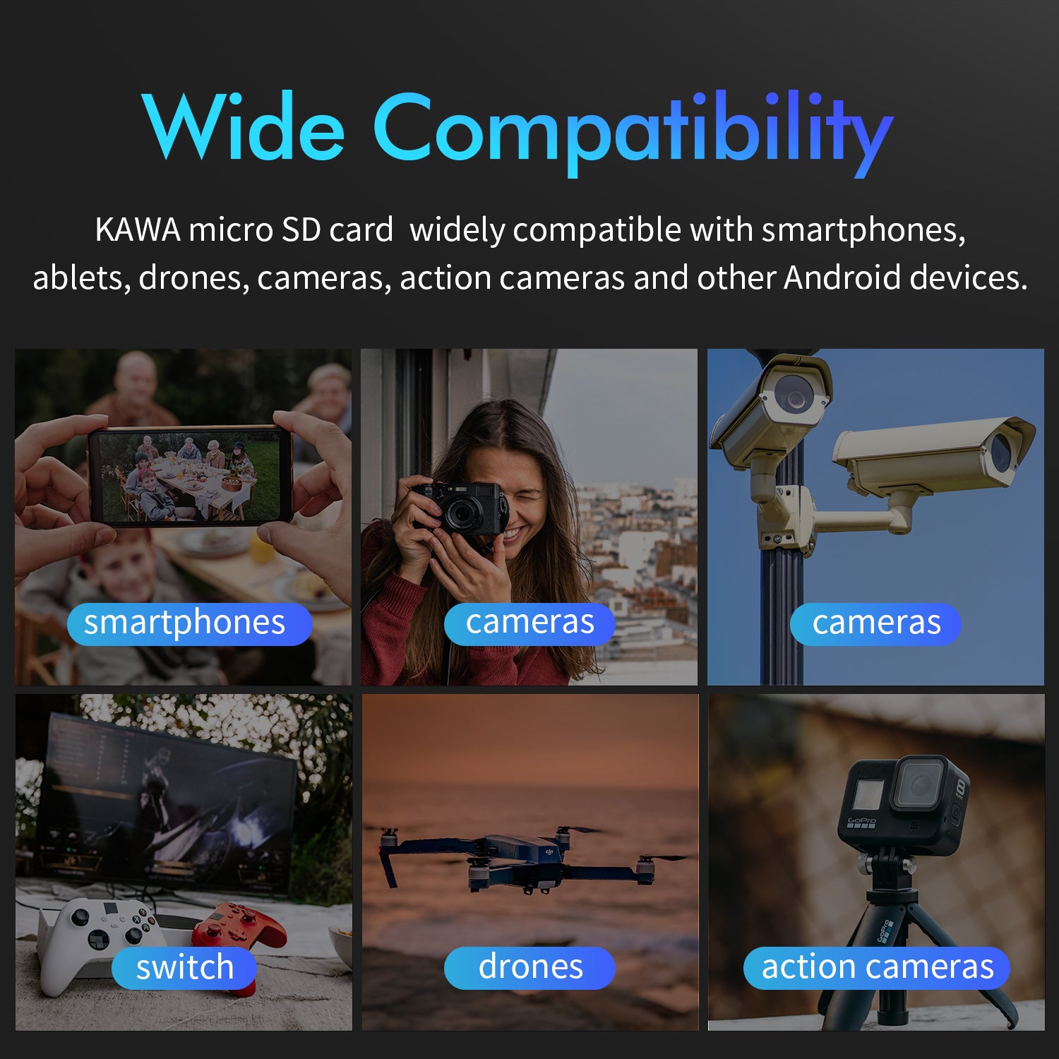 KAWA Carte Micro SD 64 Go, Carte de surveillance vidéo haute endurance, Carte mémoire flash microSDXC, A1, U3, Classe 10, V30, Carte TF haute vitesse pour Dashcam, caméra de sécurité