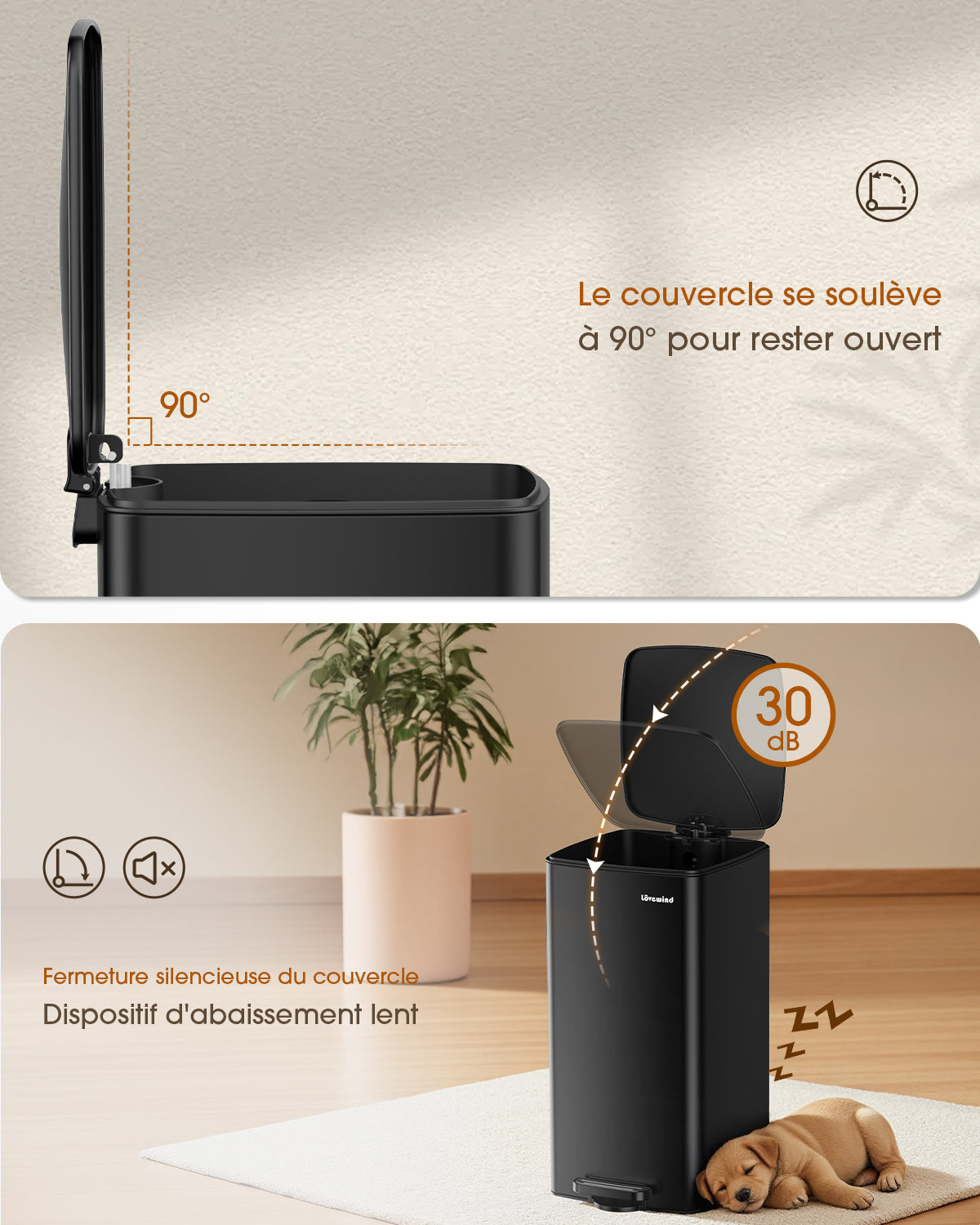 Lovewind Poubelle de cuisine avec couvercle, 8 gallons/30 L poubelle à pédale pour cuisine chambre bureau à domicile, Poubelle de 30 litres bac à déchets en acier inoxydable brossé avec couvercle à fermeture douce, noir
