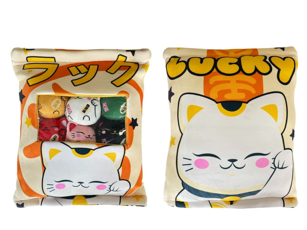 Coussin Kawaii + 6 mini Peluches Maneki Neko Chats Porte-Bonheur