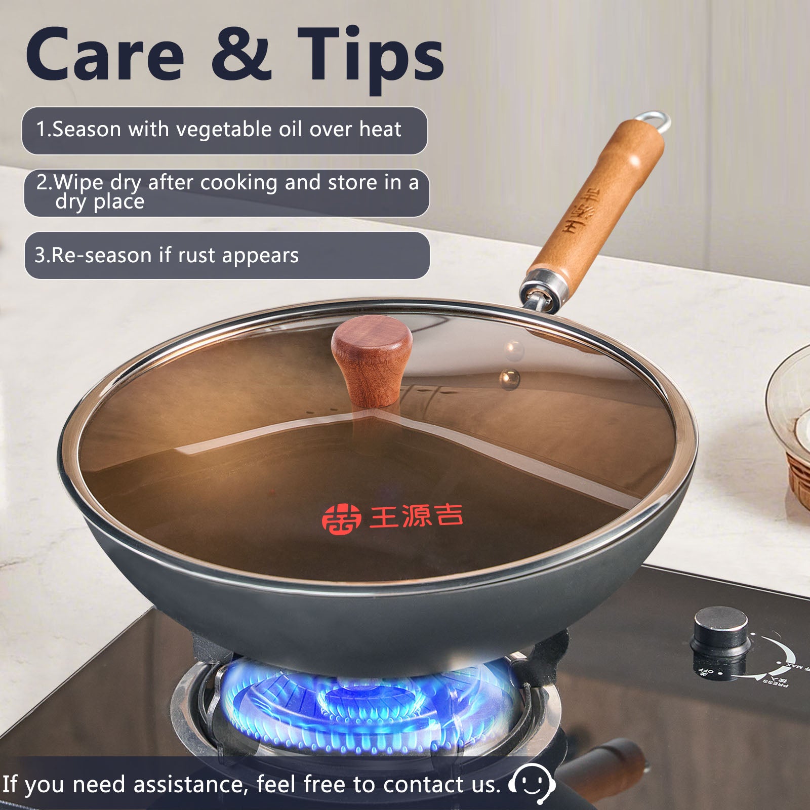 wangyuanji 11,8" Woks et poêles à sauter chinoises en acier au carbone, Poêle à rôtir chinoise à fond plat avec couvercle en verre, Compatible avec toutes les plaques de cuisson
