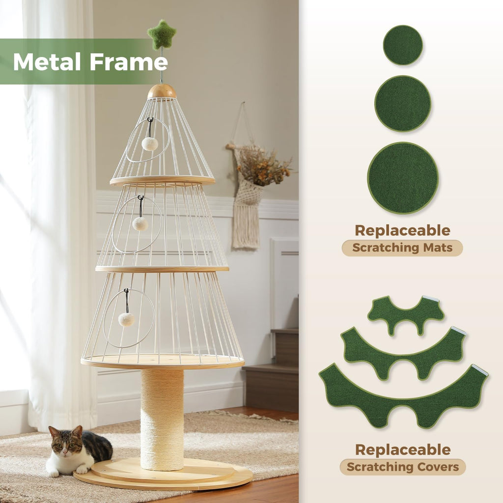 PAWZ Road 130 cm arbre à chat de Noël, tour pour chat avec griffoir recouvert de sisal de 14 cm et 3 grandes niches pour chat, grand griffoir pour chat pour chats d'intérieur, vert