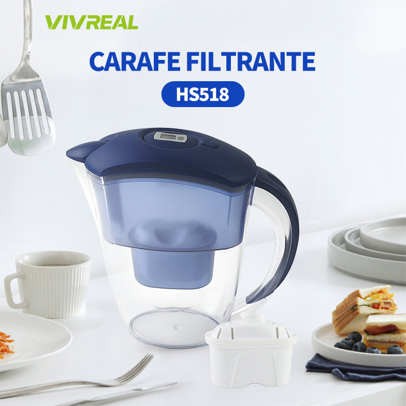 VIVREAL Carafe filtrante 2,4 L avec minuteur électronique, élimine le chlore, le calcaire et les métaux lourds, compatible avec les filtres Brita, matériau ABS de qualité alimentaire