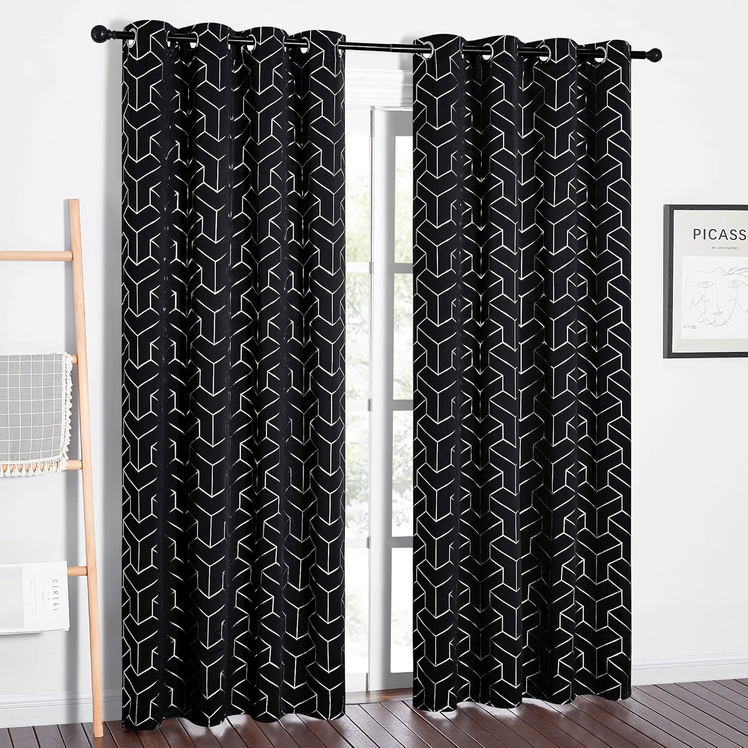 PONY DANCE Store occultant imprimées pailletées à œillets, lot de 2, W 140 x L 245 cm (W 55 x L 96 pouces), noir