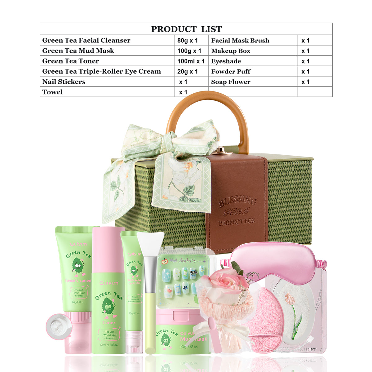 QUIYUM Coffret de soins au thé vert - Nettoyant 80 g, Lotion tonique 100 ml, Crème contour des yeux 20 g, Masque à l’argile 100 g, avec stickers pour ongles, serviette
