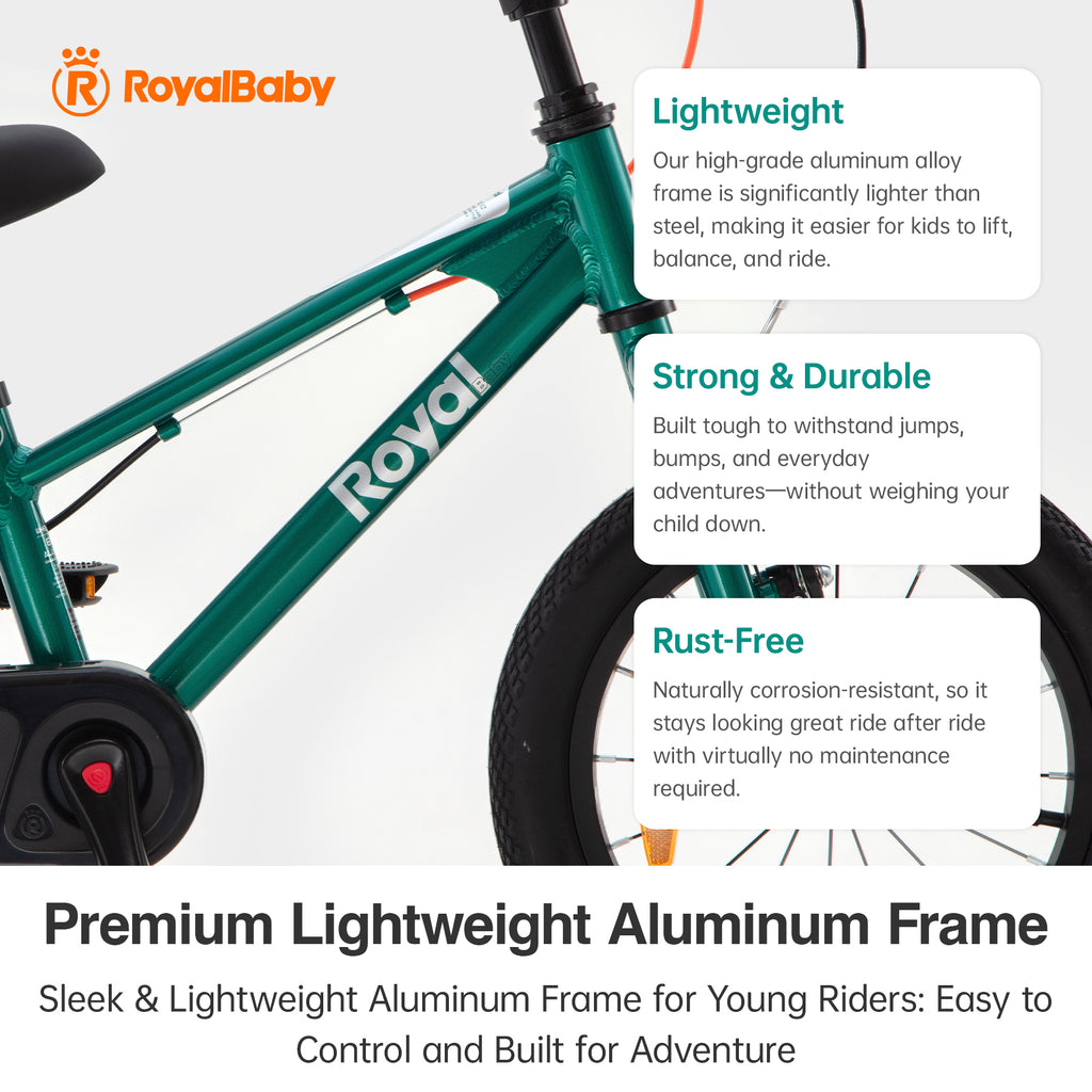 RoyalBaby Vélo pour enfants + Aluminium EZ Freestyle + 14 pouces Vert, Poids net 7.4 kg