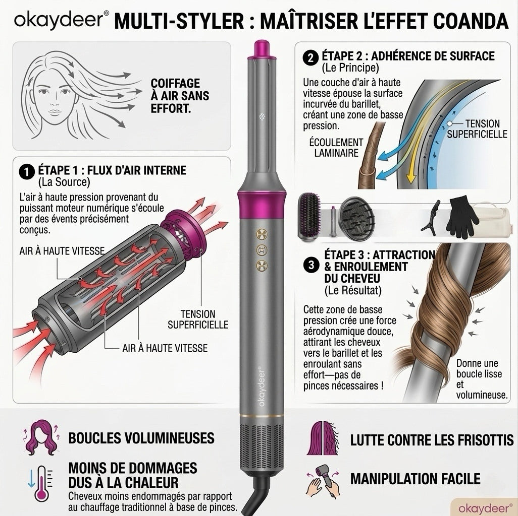 Okaydeer Air Styler avec Effet Coanda, Sèche-Cheveux Haute Vitesse 7 en 1 & Boucleur Automatique, Brosse à Air Chaud Ionique pour Séchage Rapide et Coiffage