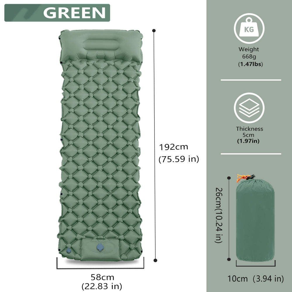 VXOYO Tapis de couchage de camping - Taille simple 192×58 cm / 75,6×22,8 in, Tapis gonflable ultraléger avec oreiller intégré et pompe à pied. Dimensions emballé : 26×10 cm / 10,2×3,9 in