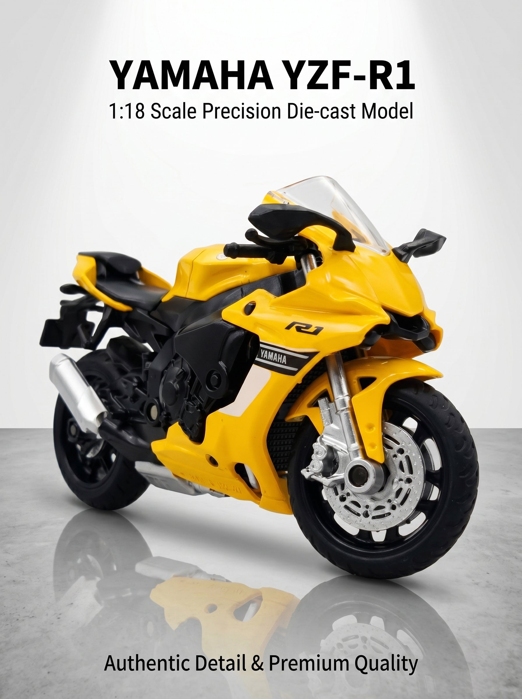 CCA 1:18 Moto modèle en métal coulé sous pression Yamaha YZF-R1 - Jaune, Suspension arrière fonctionnelle, Prêt à offrir, Détails réalistes, Parfait pour exposition sur bureau