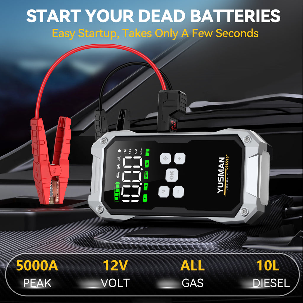 Booster de batterie automobile YUSMAN – 8000 A démarreur de voiture 12 V (jusqu’à tous les moteurs essence / 10,0 L diesel), démarreur avec compresseur d’air 150 PSI