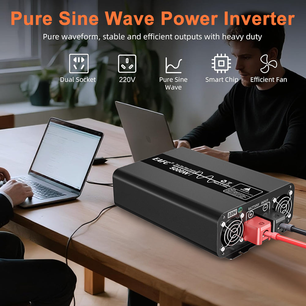 EAFC Convertisseur de puissance amorphe 5000 W à onde sinusoïdale pure (pic 5000 W / puissance nominale 2500 W) – Convertisseur de voiture 12 V CC vers 220 V CA avec prise universelle