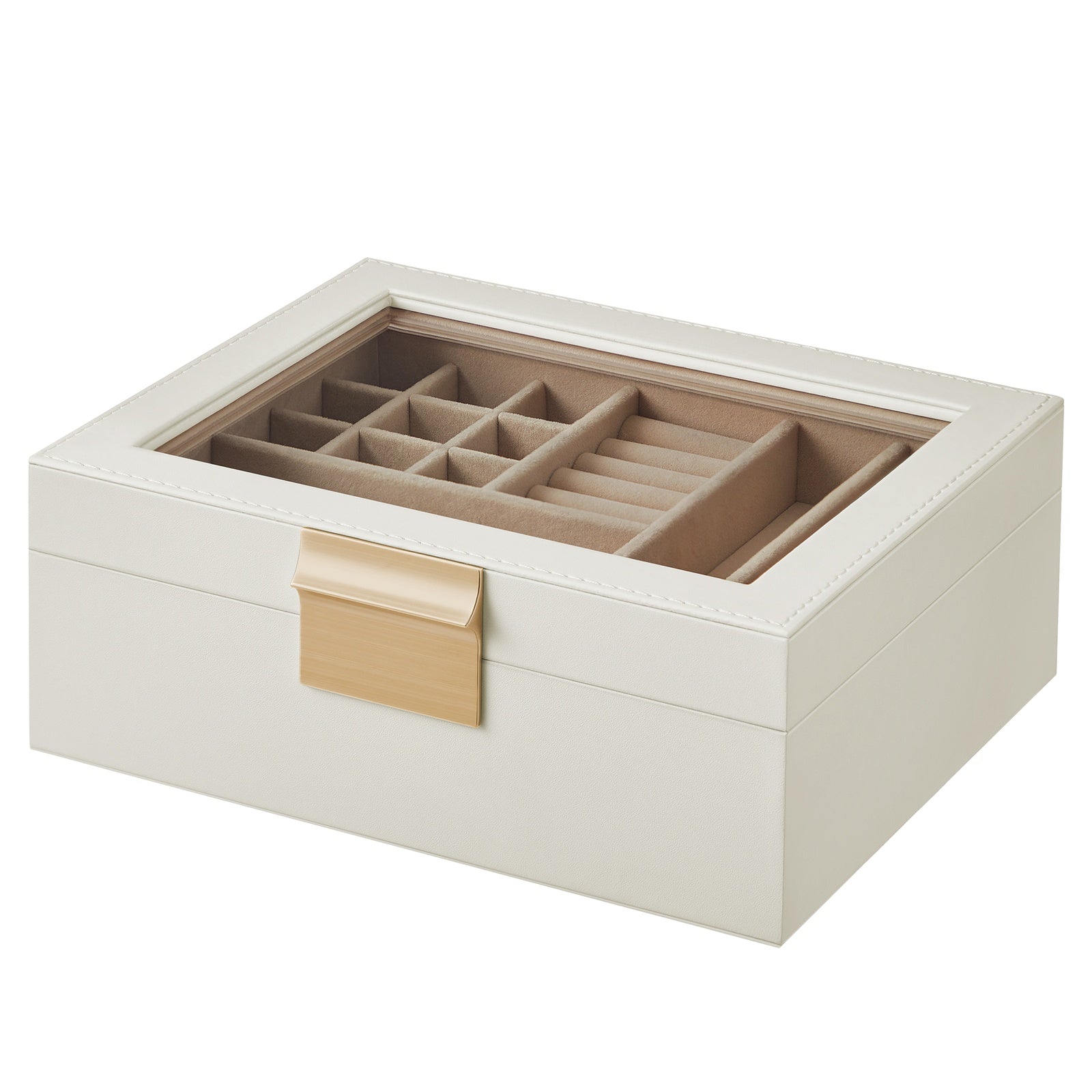 JOYFURNOS Boîte à Bijoux avec Couvercle en Verre, Organiseur à Bijoux 2 Niveaux avec Plateau Amovible, Rangement pour Bijoux, Style Moderne, Cadeau pour Vos Proches, Blanc Nuage et Or Métallique