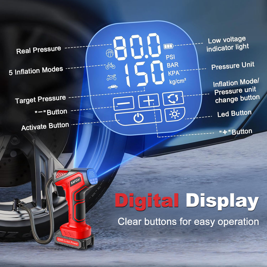 EAFC Gonfleur de pneus sans fil – Compresseur d’air portable 150 PSI avec batterie au lithium 30 Wh, gonflage rapide en 3 min (pompe à air rapide 21 V)