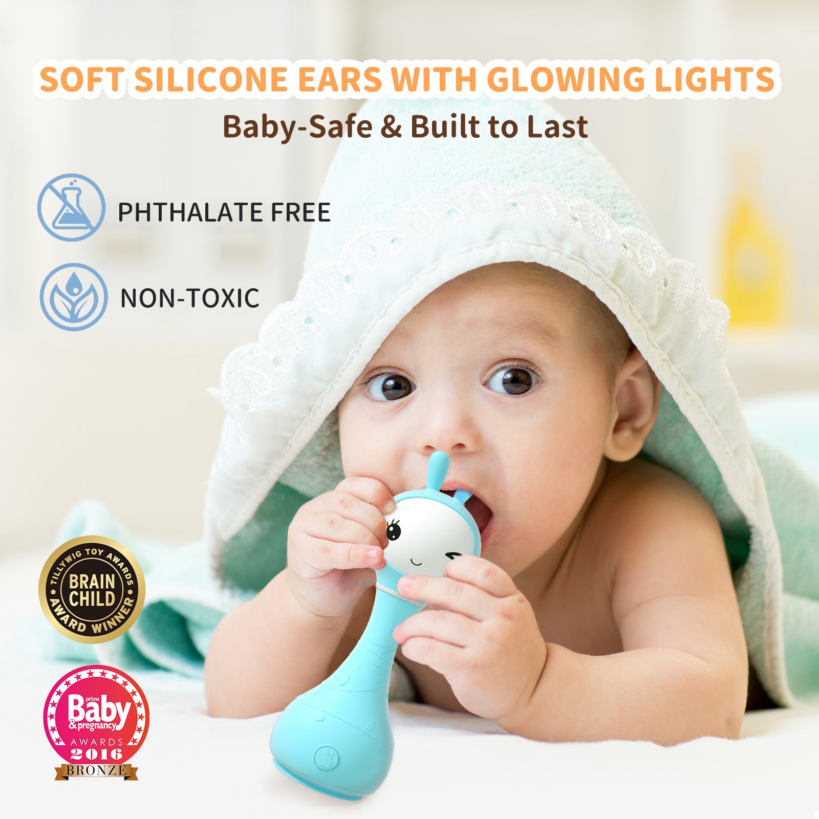 ALILO Hochet musical lumineux pour bébé 0+ mois avec 5 modes musicaux et fonction de reconnaissance des couleurs avec 9 cartes - Bleu