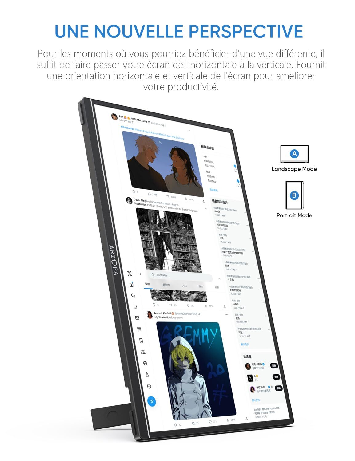 ARZOPA A1S Moniteur portable 14 po 1920 x 1080 FHD IPS 60 Hz USB-C mini HDMI support intégré Noir