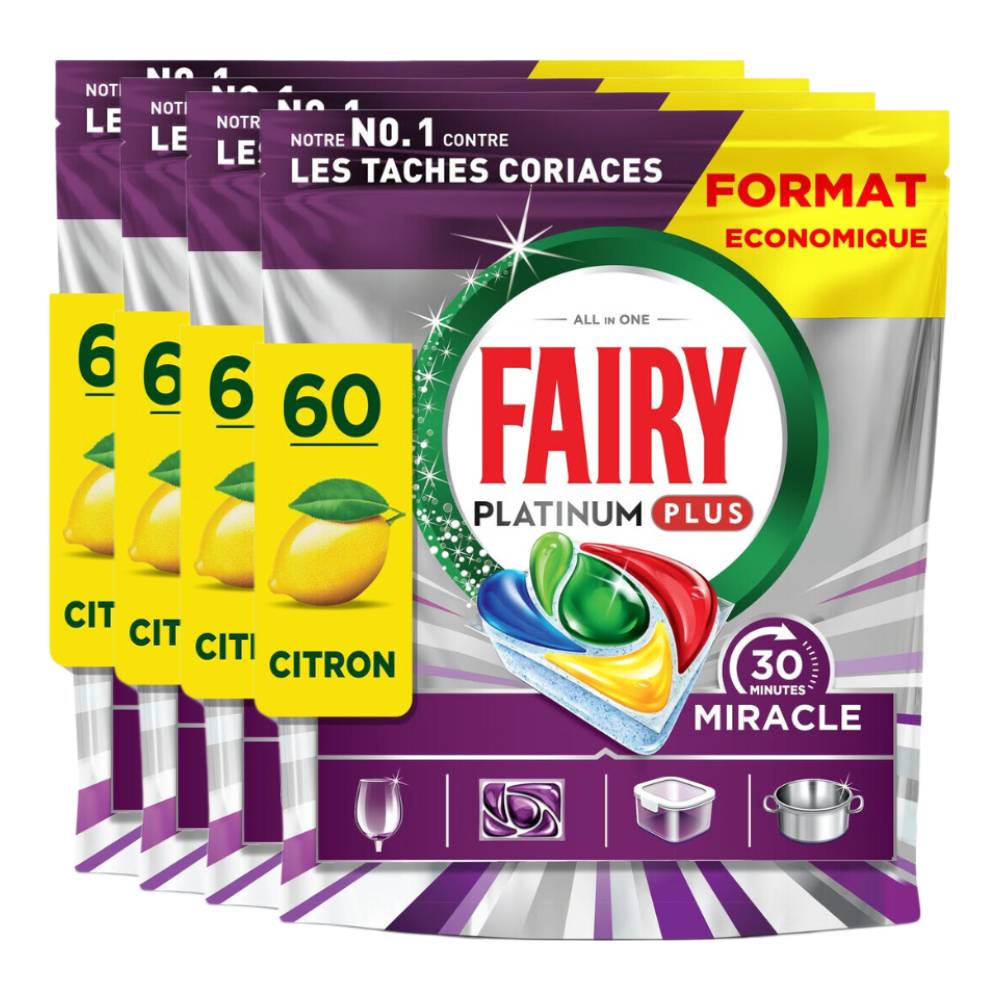 Fairy Tout-en-1 Platinum Plus 30 Minutes Miracle Citron Anti-ternissement Capsules Lave-vaisselle 4 x 60 Tablettes (= 240 Tablettes)