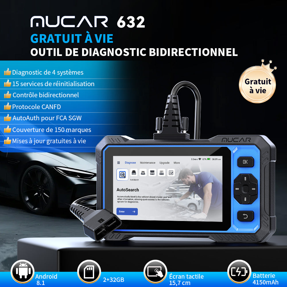MUCAR 632 Outil de diagnostic OBD2, Scanner OBD2, Outil de diagnostic automobile assisté par IA, Outil d’analyse bidirectionnel automobile