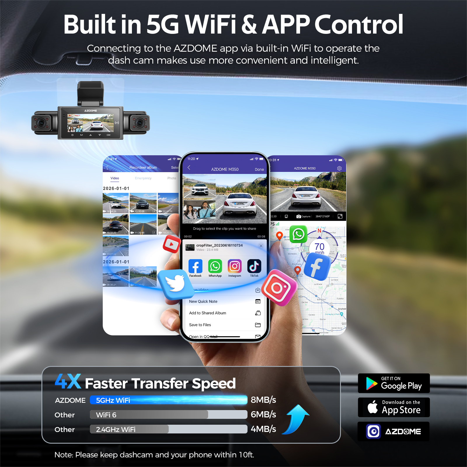 AZDOME M350 Dashcam 4 canaux vue complète 360° fonctionne avec Apple Localiser ma Dashcam avant 2,5K, 1080P caméra arrière gauche et droite pour voitures