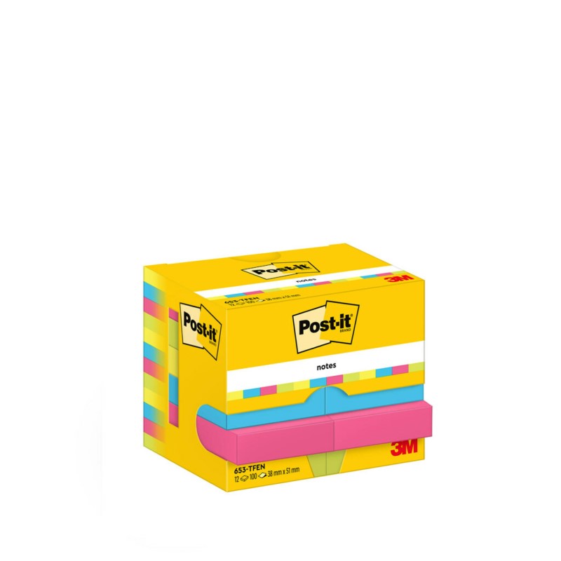 Post-it Notes, Collection de couleurs énergiques, 38 mm x 51 mm, 100 feuilles/feuille, 12 pads/lot, emballage en carton, 100 % PEFC, SGSCH-PEFC-COC-110078