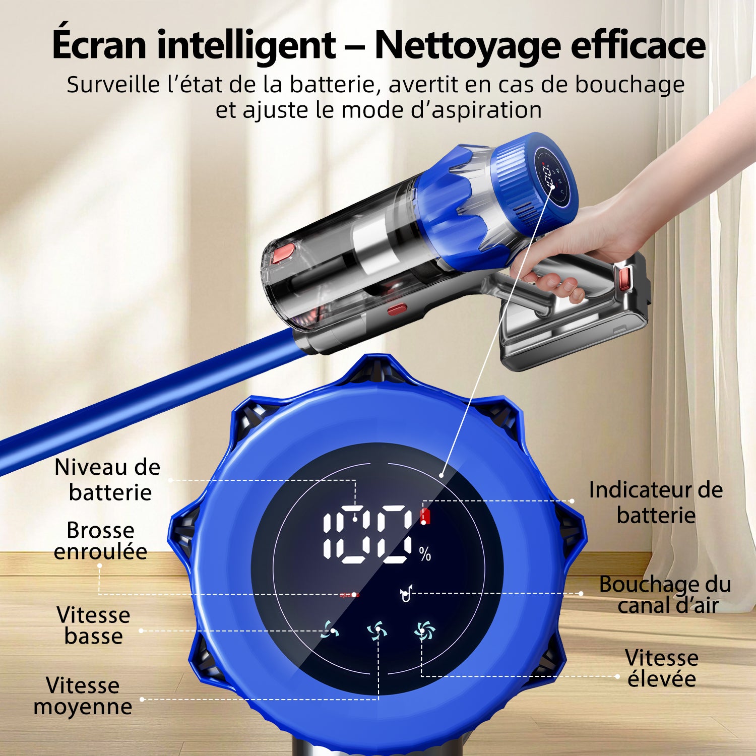 Daynee Aspirateur sans fil, 65 kPa / 70 min d'autonomie, Écran, Brosse anti-emmêlement, Aromathérapie, Filtration HEPA*4, Pour poils d'animaux, Tapis et sols durs
