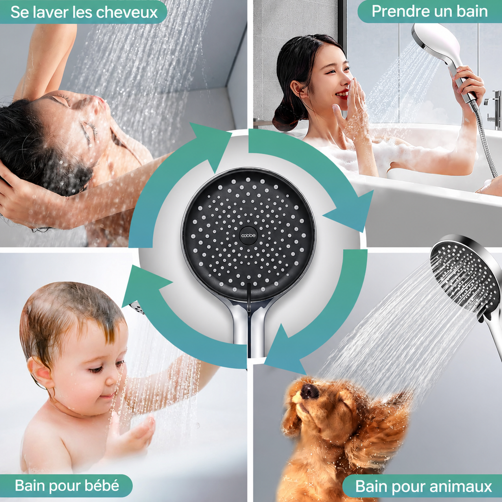 Pommeau de douche rafraîchissant d'été Cobbe avec flexible, grand modèle effet pluie à pression renforcée, 3 modes de jet, économie d'eau, finition noir/chrome