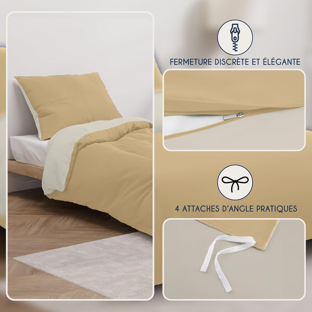 MENDALE Housse de couette - Ensemble de literie de qualité supérieure - Housse de couette 140*200 cm avec taie d'oreiller 65*65 cm - Microfibre douce brossée - Blanc cassé et kaki