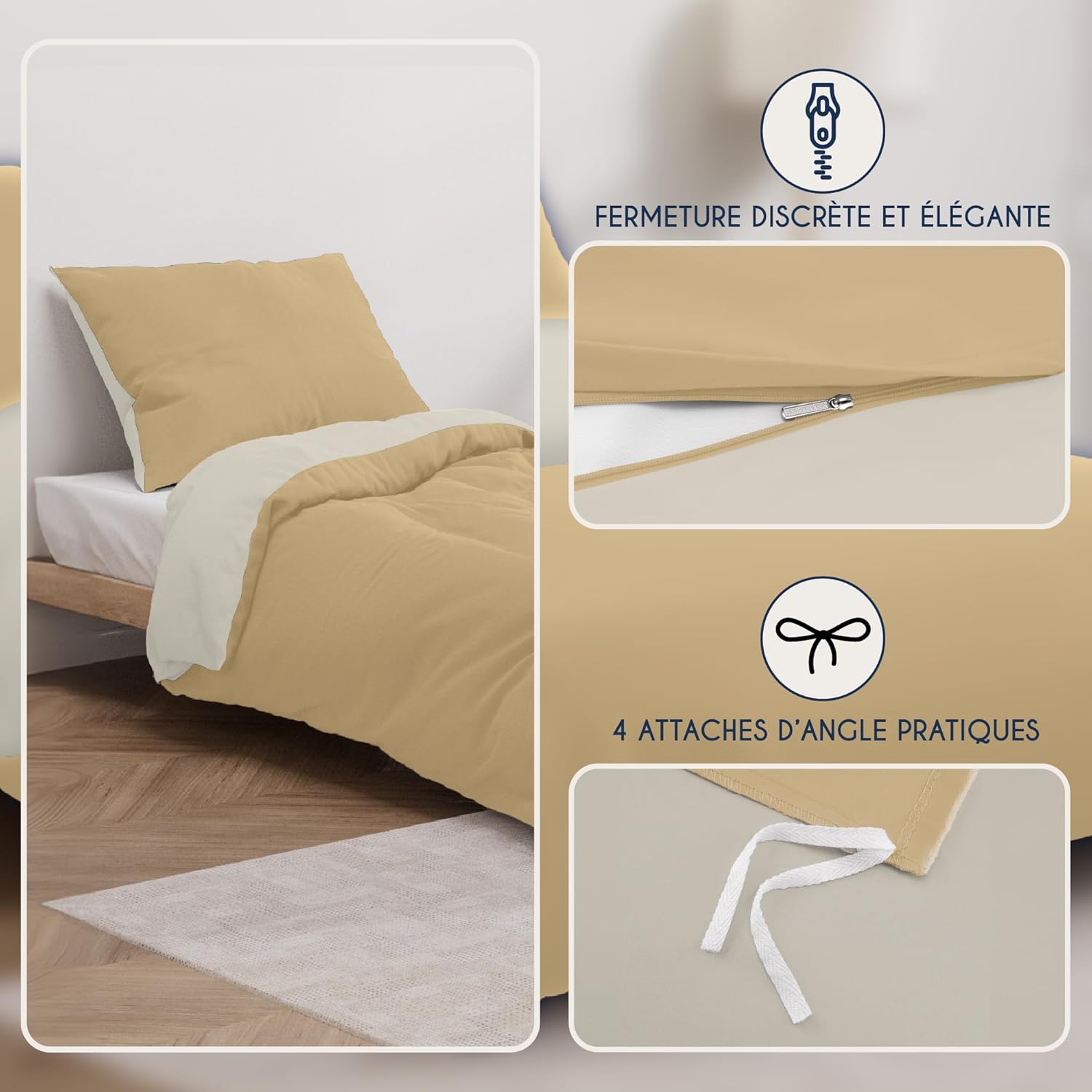 MENDALE Housse de couette - Ensemble de literie de qualité supérieure - Housse de couette 140*200 cm avec taie d'oreiller 65*65 cm - Microfibre douce brossée - Blanc cassé et kaki