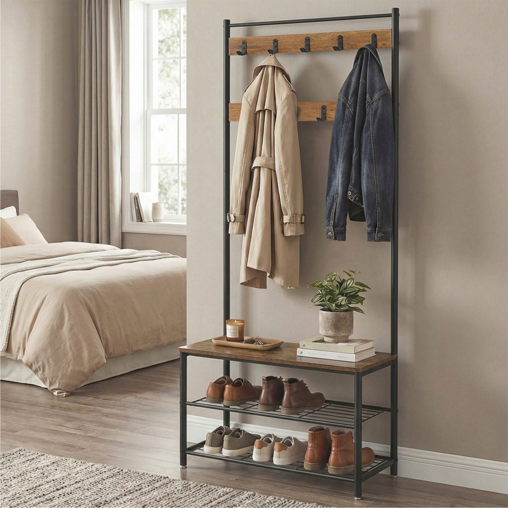JOYFURNOS Portemanteau, 32 x 70 x 177 cm, Vestiaire avec Banc de Rangement pour Chaussures, Style Industriel, Marron et Noir