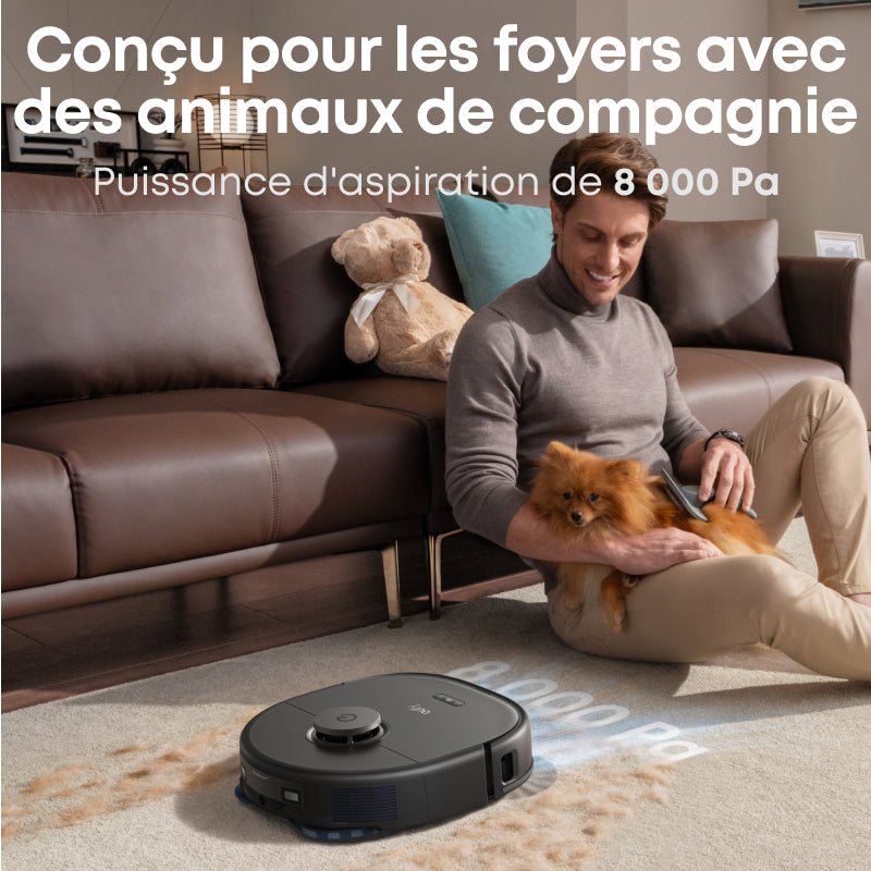 eufy X10 Pro Omni Aspirateur robot laveur avec station d'aspiration, 8 000 Pa, Vidage/remplissage automatiques, 2 serpillières à relevage automatique avec lavage/séchage automatiques