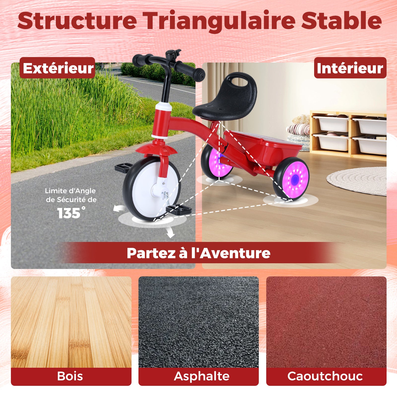 Tricycle pour enfants avec roues lumineuses et siège réglable à 4 positions