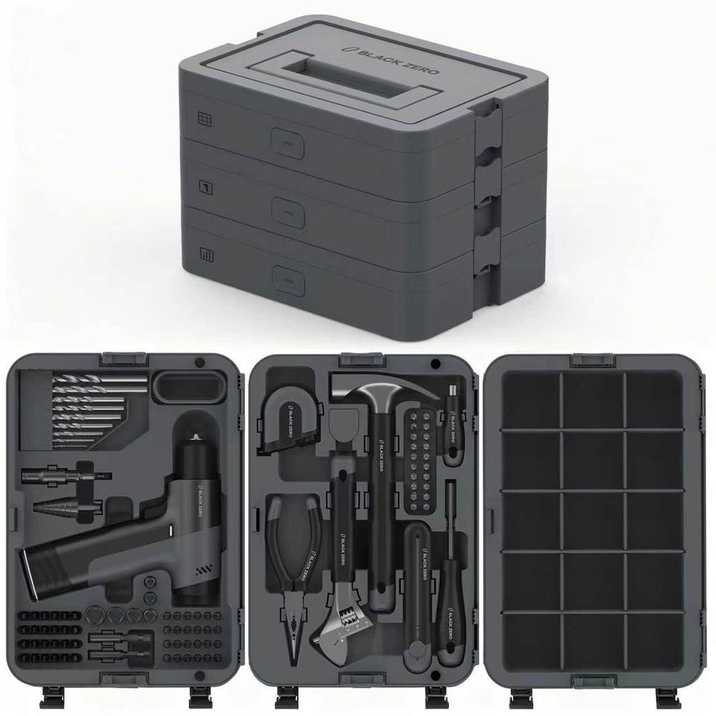 BLACKZERO Perceuse sans Fil Set, Coffret à Outils Premium 3 Niveaux avec Perceuse & Outils à Main, Kit d'Outillage Complet pour Bricolage, Maison & Réparation