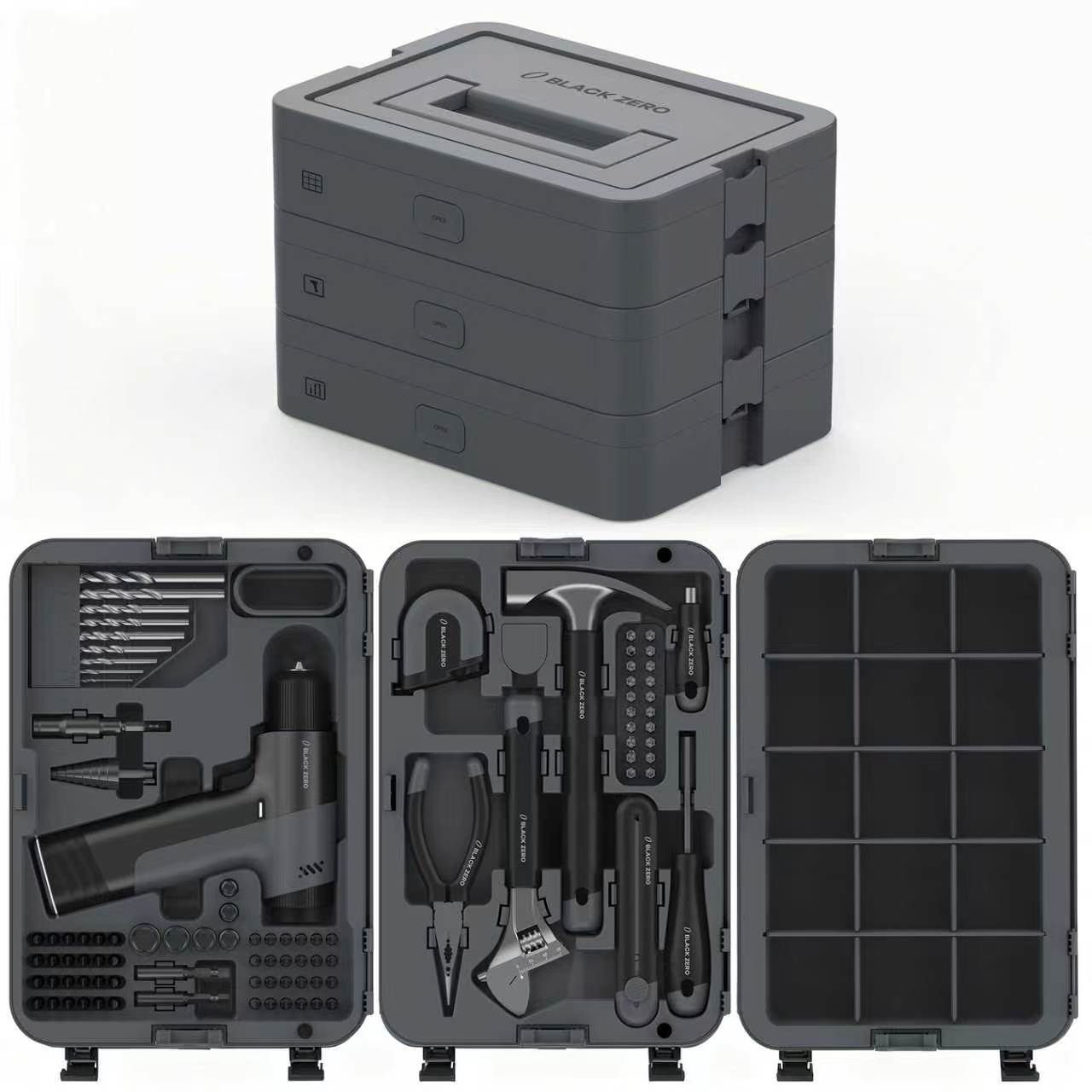 BLACKZERO Perceuse sans Fil Set, Coffret à Outils Premium 3 Niveaux avec Perceuse & Outils à Main, Kit d'Outillage Complet pour Bricolage, Maison & Réparation
