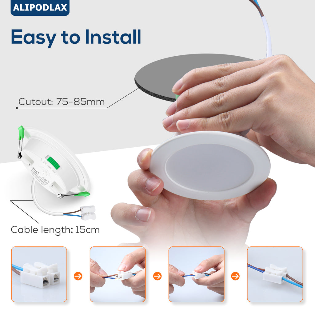 ALIPODLAX Spot LED encastrable, 5 W, IP65, 230 V, à intensité variable, 400 lm, ultra-plat 30 mm, 3000 K/4000 K/6500 K, pour salle de bain, lot de 6