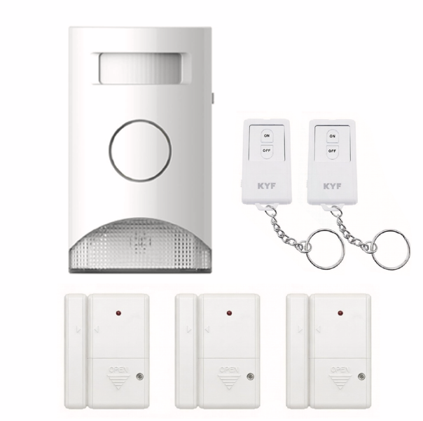 KYF Kit d’alarme extensible 434 MHz avec détection de mouvement et éclairage d’alarme intégré, capteurs porte/fenêtre (x3) et télécommandes (x2)