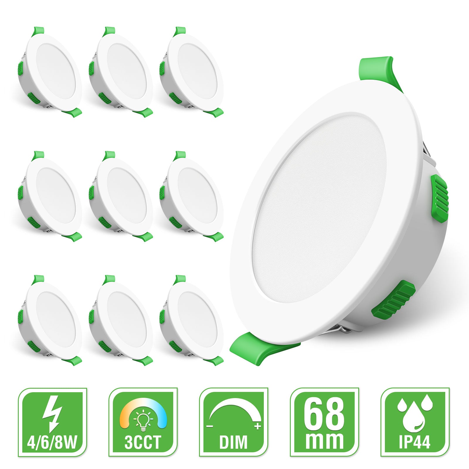 ALIPODLAX Spot LED encastrable, 230 V, Intensité variable, Ultra plat, 68 mm, 3 WT/4 W/6 W/8 W, 3 CCT (3000 K/4000 K/6500 K), IP44