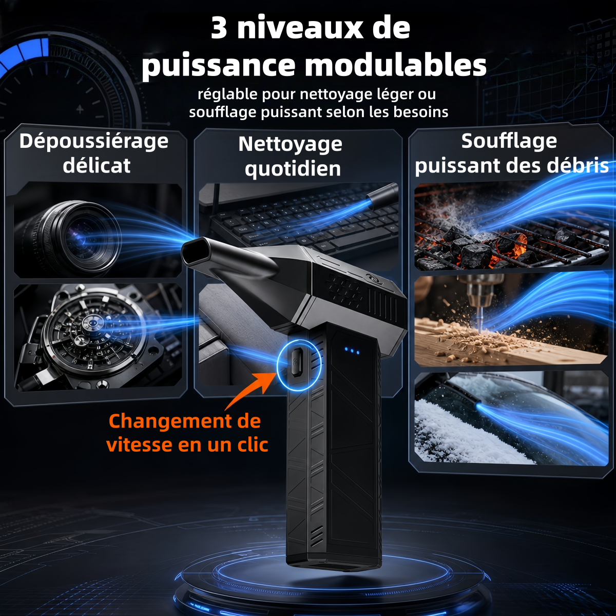 JUFINX X3 mini Dépoussiéreur à air comprimé style WOLFBOX - Ventilateur turbo 110 000 tr/min | Charge rapide 20 W, Batterie rechargeable, 3 vitesses réglables, Autonomie de 4 heures